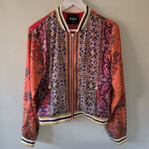 Desigual S Bohemian Eclectic Barocque Paisley Embroidered Metallic Bomber Jacket